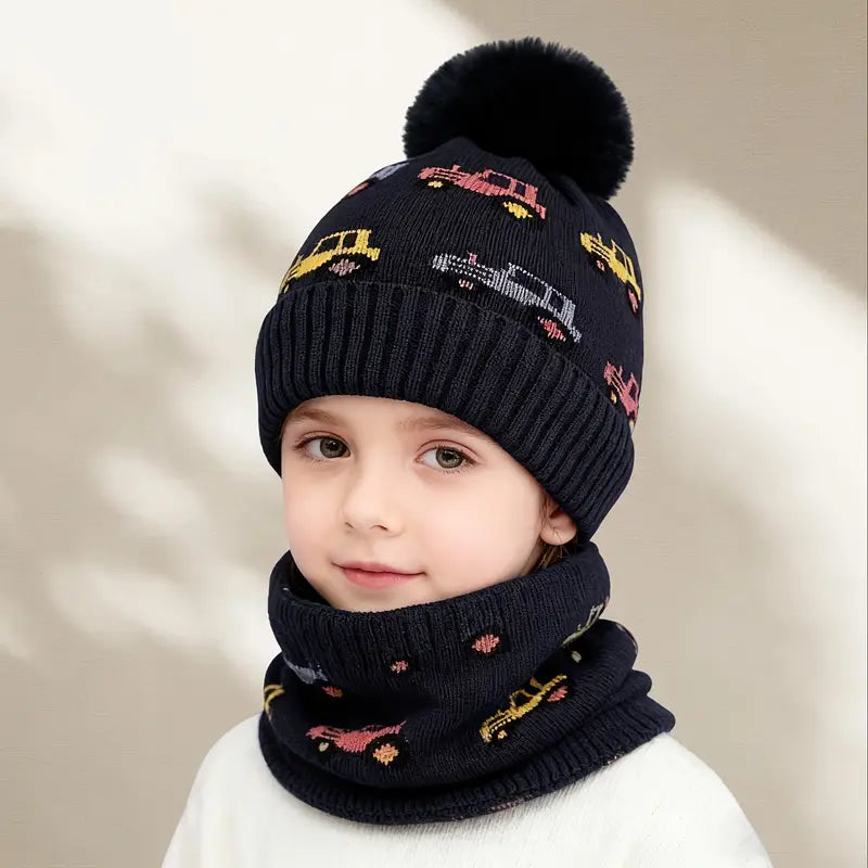 2pcs Cartoon Car Knitted Hat and Scarf Set