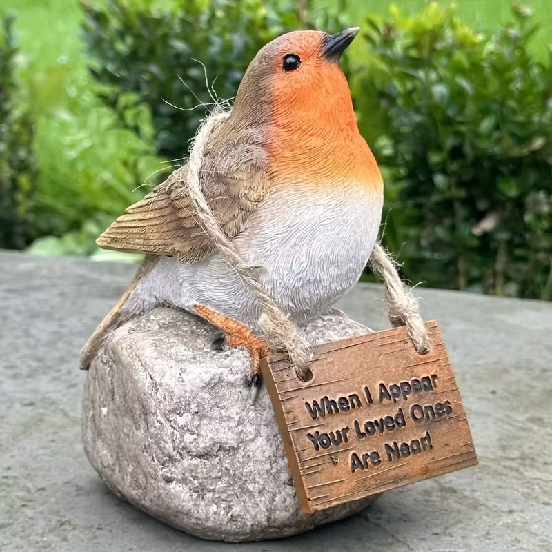 Art Deco Resin Robin Bird Memorial Statue with "Your Loved Ones Are Near" Sign