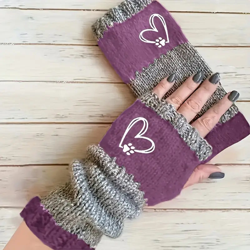Women's Fingerless Gloves with Heart & Paw Print Design