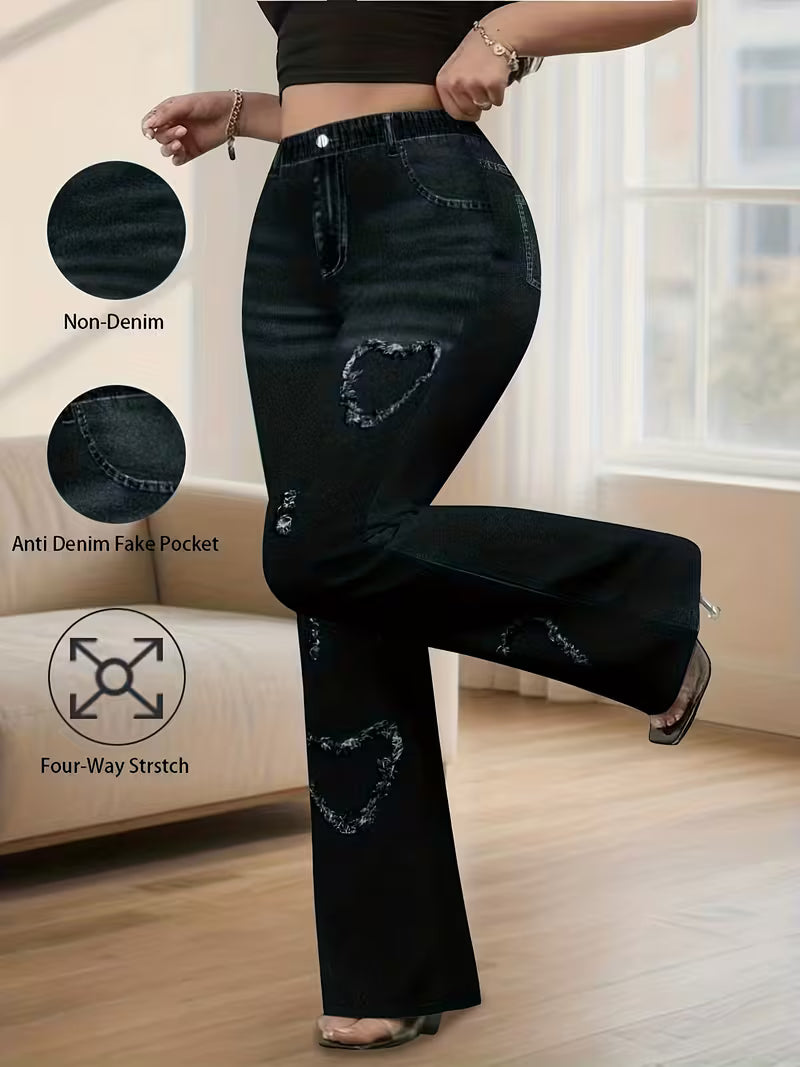 Imitation Denim High-Waisted Wash Distressed All-Over Print Flared Wide-Leg Pants