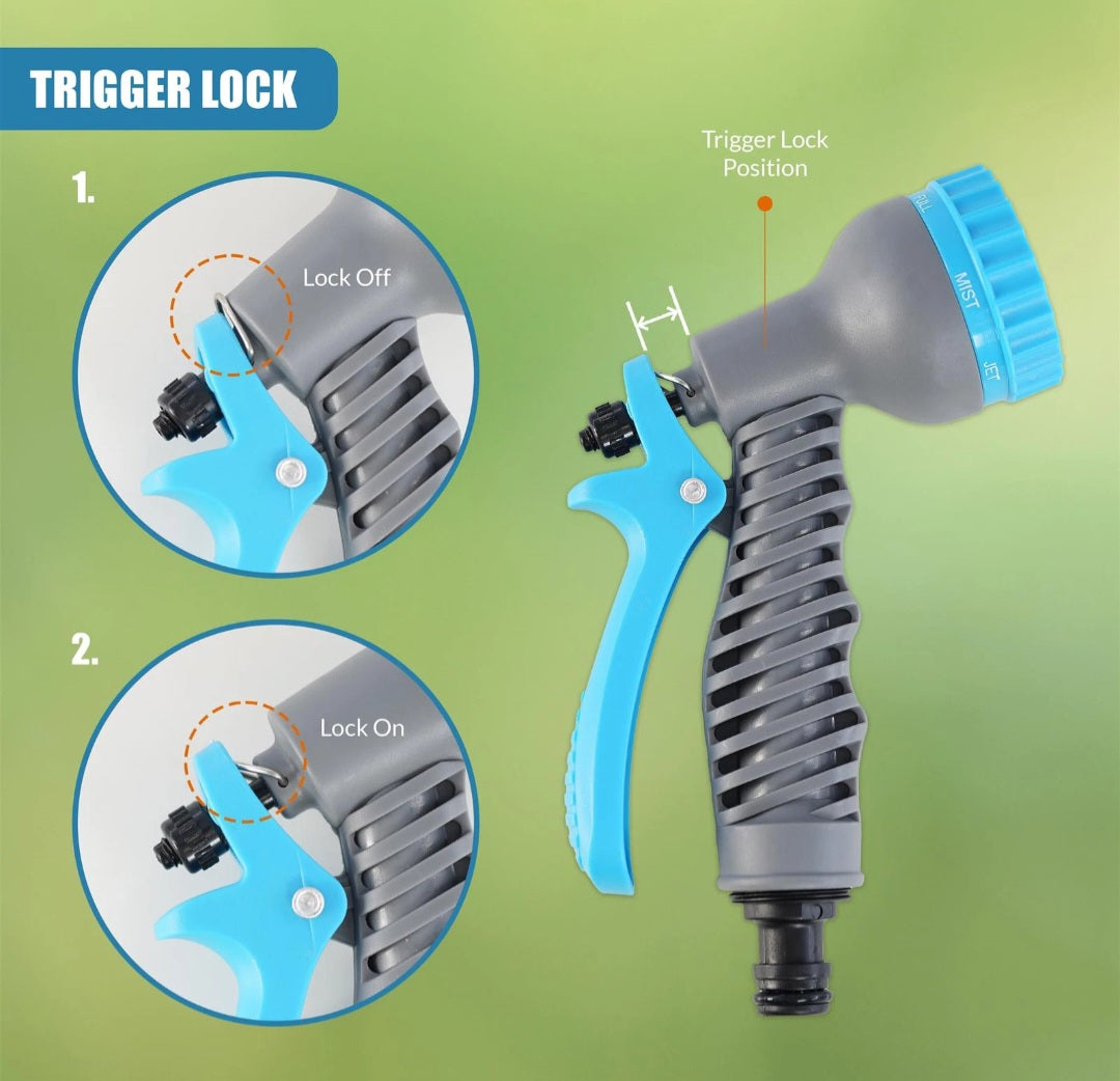 Garden Hose Pipe Reel & Spray Gun Nozzle Set with 7 Lawn Watering Functions 10m