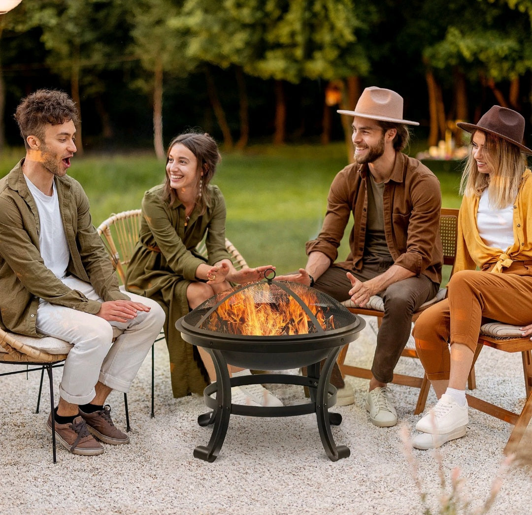Outdoor Round Firepit with Mesh Lid and Poker
