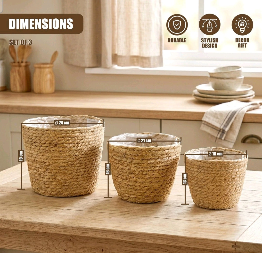 3 X Round Seagrass Planter Baskets