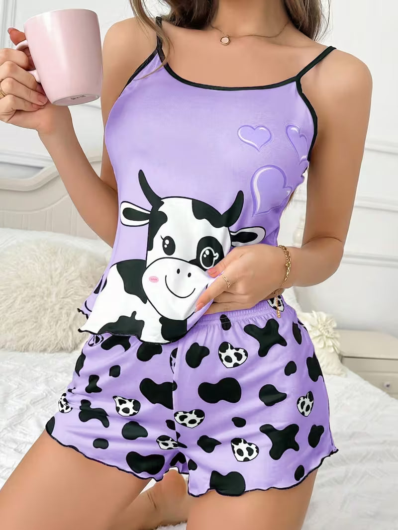 Adorable Cow Heart 2pcs Women's Tank Top and Shorts Pajama Set