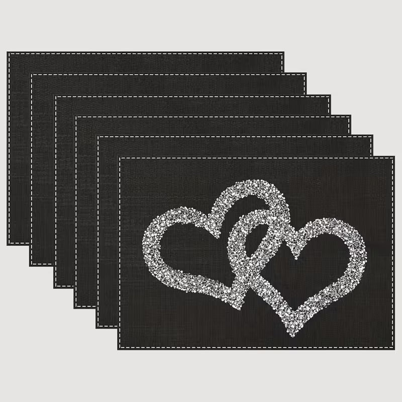 6pcs Set Silvery Glitter Heart-Shaped Diamond Pattern Printed Placemats