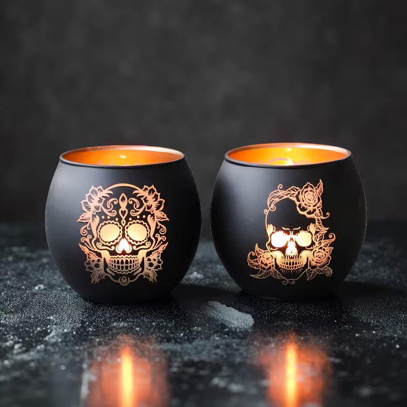 2pcs Gothic Skull Print Glass Candle Holders