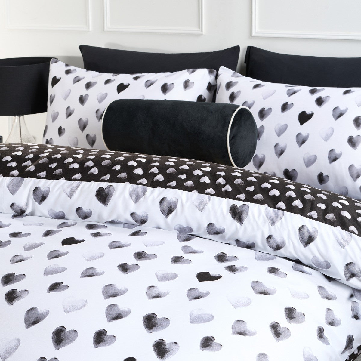 Heart Print Reversible Watercolour Duvet Cover Set - Monochrome