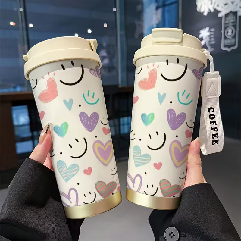 530ml Insulated Coffee Cup with Graffiti Love Joyful Face & Hearts Design