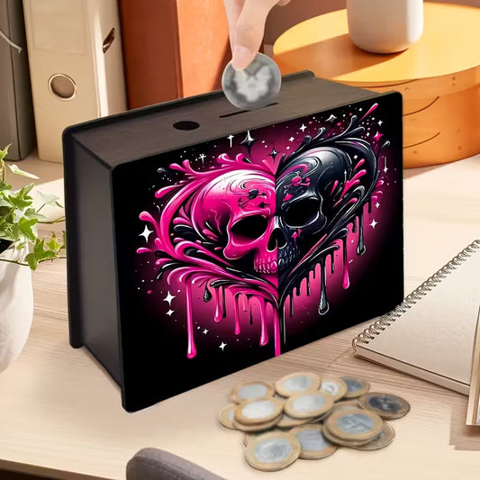Handcrafted Wooden Skull Heart-Themed Coin Bank