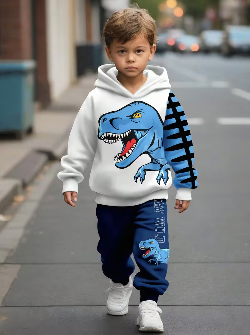 2pcs Boys' Cartoon Dinosaur Print Hoodie and Jogger Pants Set
