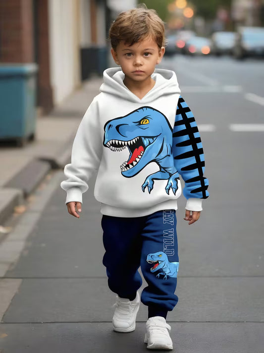 2pcs Boys' Cartoon Dinosaur Print Hoodie and Jogger Pants Set
