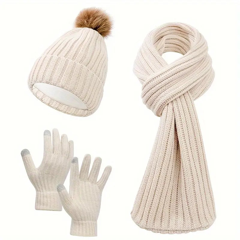 Cozy 3pcs Winter Set - Fleece-Lined Knit Beanie, Scarf & Gloves