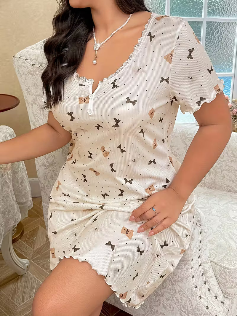Ladies Plus Size Bear Print Bow Polka Dot Lace Splicing V-Neck Nightgown