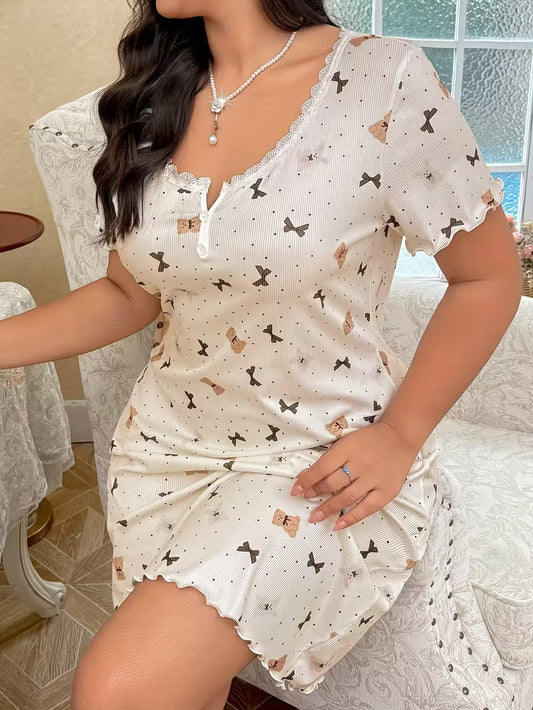 Ladies Plus Size Bear Print Bow Polka Dot Lace Splicing V-Neck Nightgown