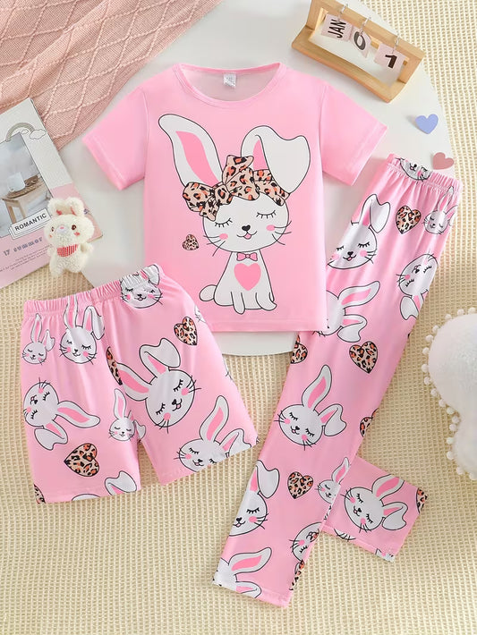 3pcs Girls' Cute Bunny Print Pajama Set