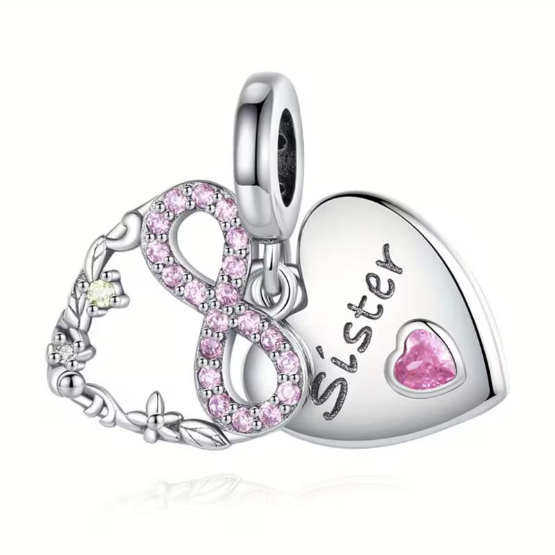 S925 Sterling Silver Infinity Love Sister Double Dangle Charm Pendant