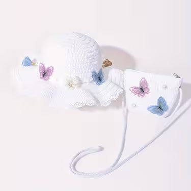 Girls' Butterfly And Floral Straw Hat And Bag