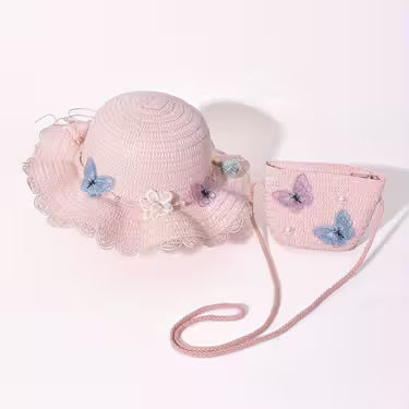Girls' Butterfly And Floral Straw Hat And Bag