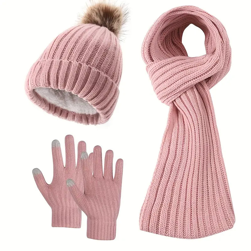 Cozy 3pcs Winter Set - Fleece-Lined Knit Beanie, Scarf & Gloves