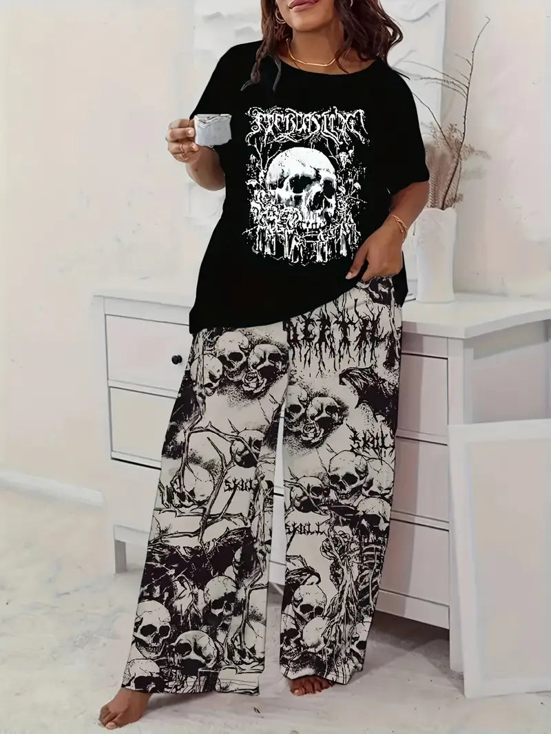 Comfortable Plus Size Gothic Skull Print Pajama Set