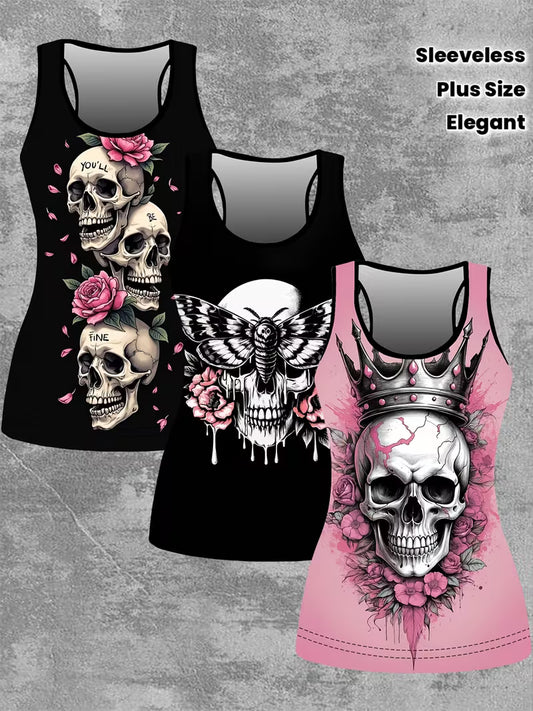 Plus Size 3pcs Set of Women'S Elegant Geometric Pattern Creative Skull Print Sleeveless Tops