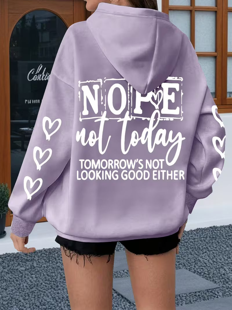 Women's Plus Size Oversized Hoodie with Bold "NOPE Not Today" Letter Print & Heart Design