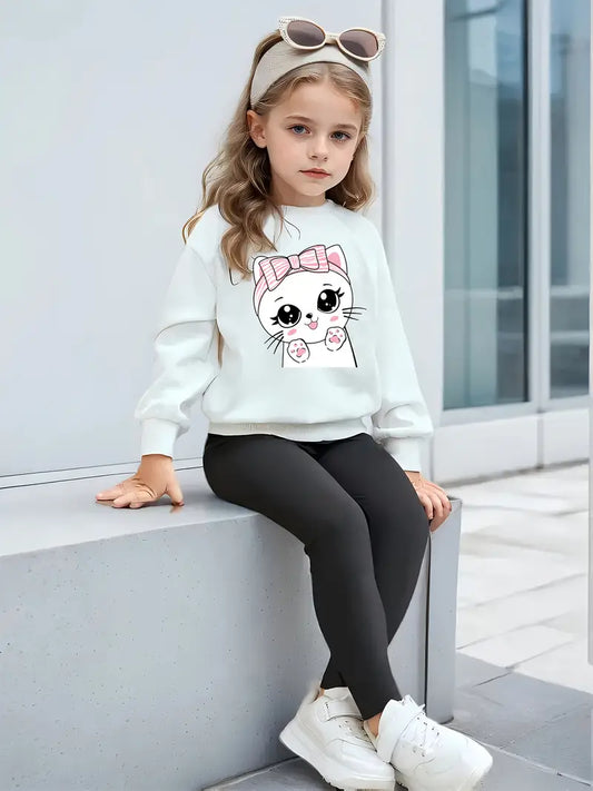 Fashionable Girls' Casual Print Sweatshirt Paired with Solid Color Leggings