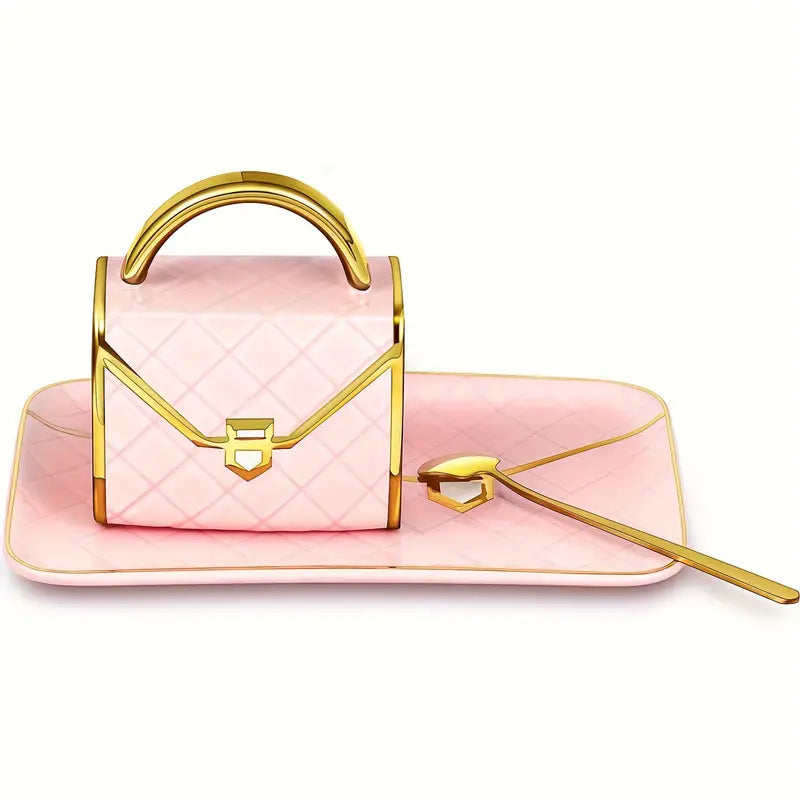 10oz Ceramic Coffee Cup, with Spoon and Plate Handbag Shape