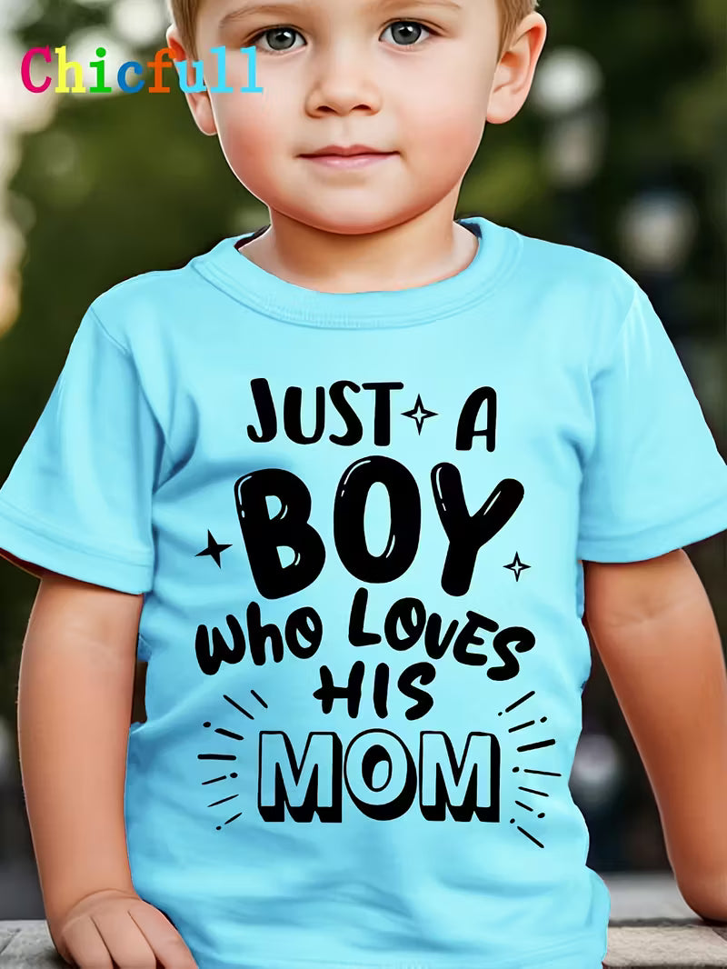 Boys' "JUST A BOY WHO LOVES HIS MOM" Black Letter Print T-Shirt