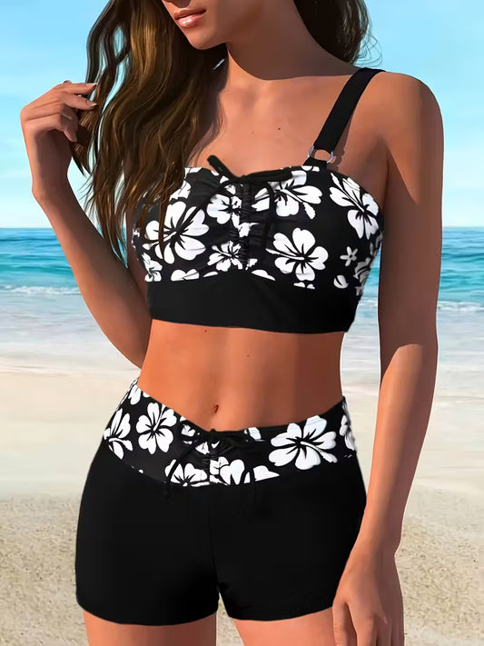 Black And White Cherry Blossom Patchwork Adjustable Shoulder Strap Drawstring Two-Piece Swimsuit Set