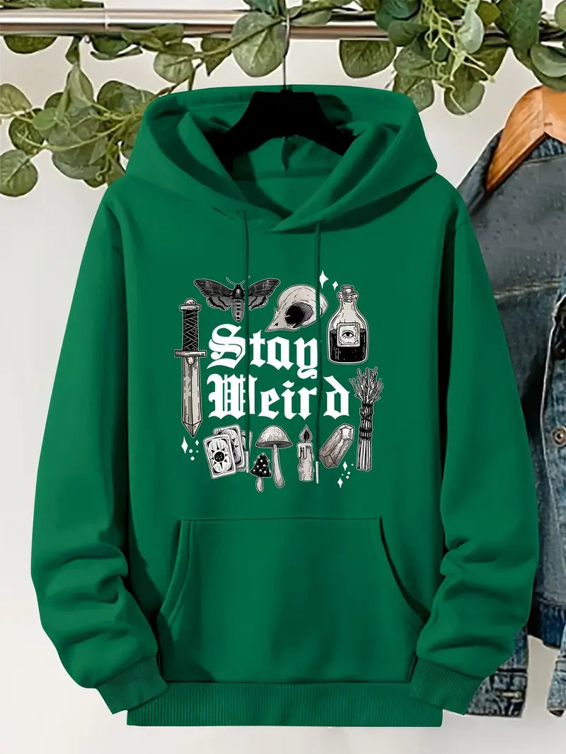 Cozy Gothic Mushroom & Wine Bottle Graphic Hoodie with Drawstring