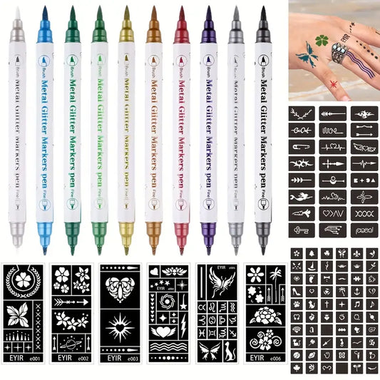 10 Temporary Metallic Dual-Ended Tattoo Pens + Multiple Template Set
