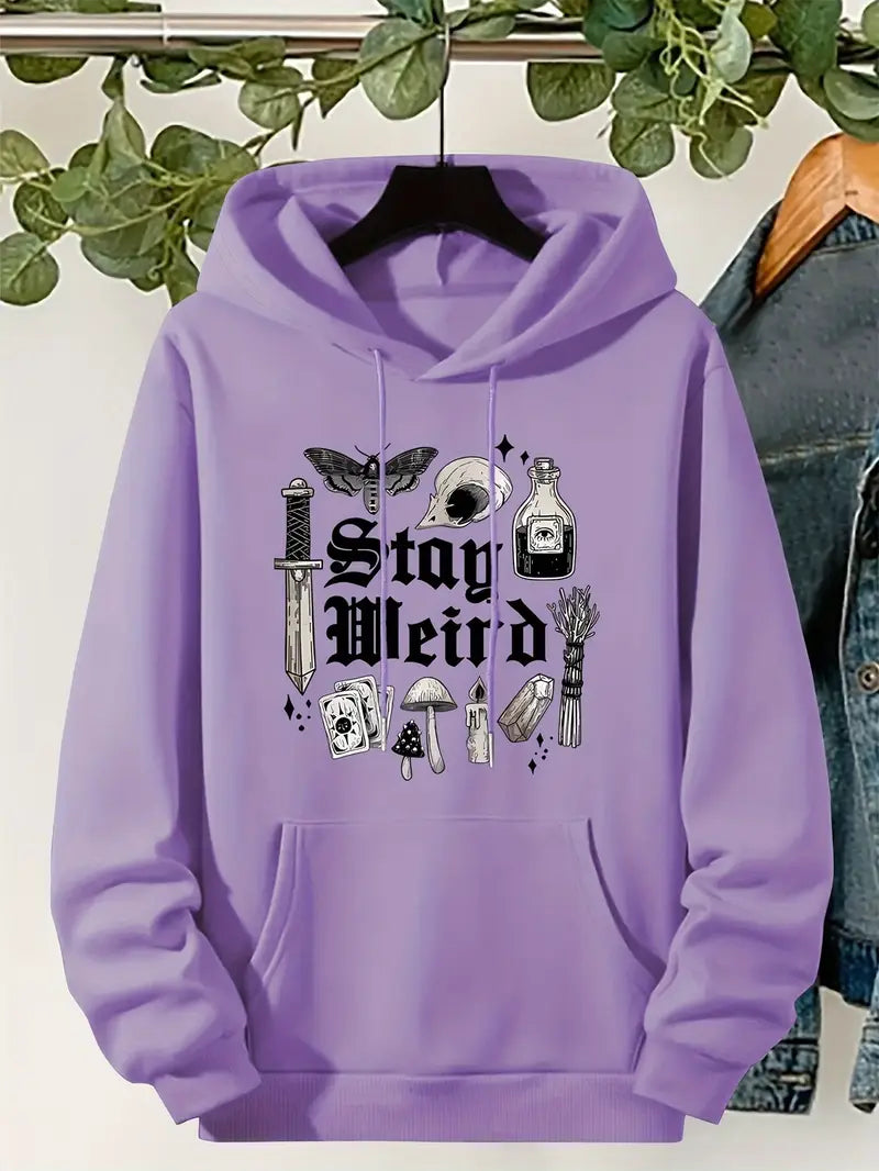 Cozy Gothic Mushroom & Wine Bottle Graphic Hoodie with Drawstring