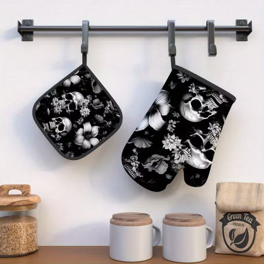 2pcs Skull & Floral Heat-Resistant Oven Mitts