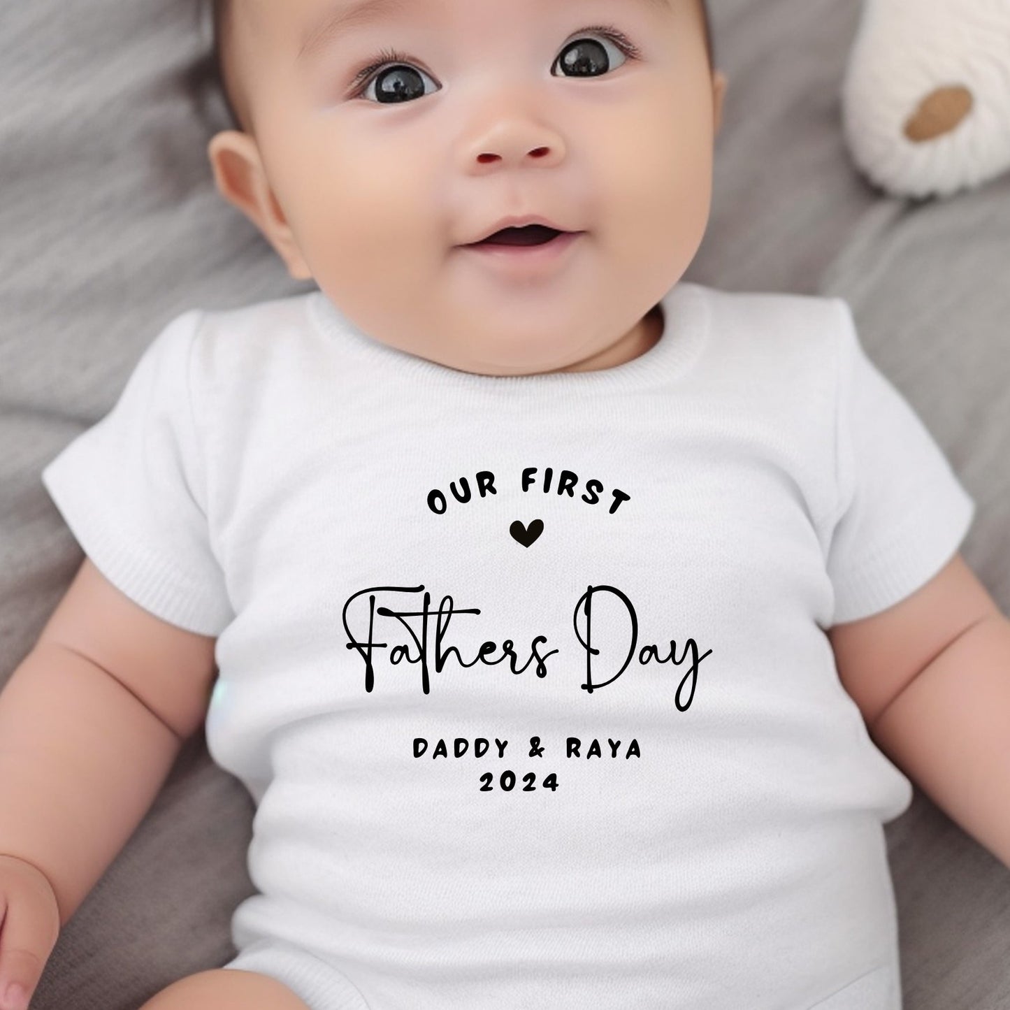 Personalised Our First Fathers Day Baby Outfit: Bib, Vest, Grow