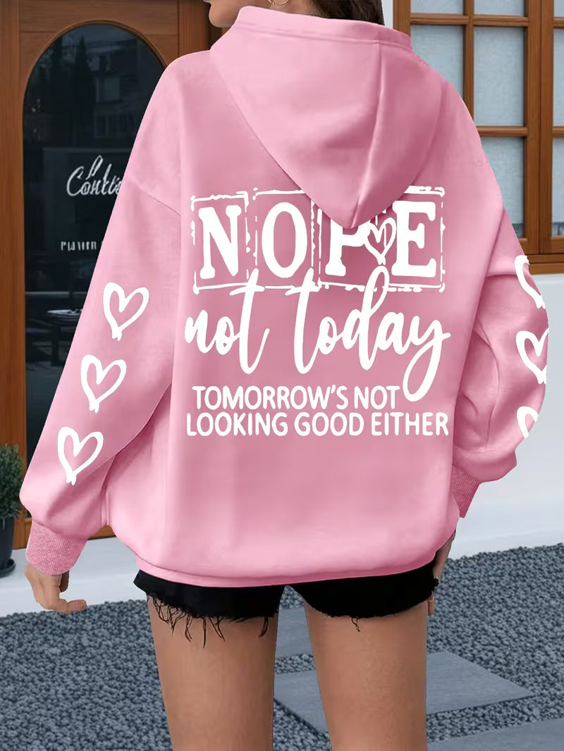 Women's Plus Size Oversized Hoodie with Bold "NOPE Not Today" Letter Print & Heart Design