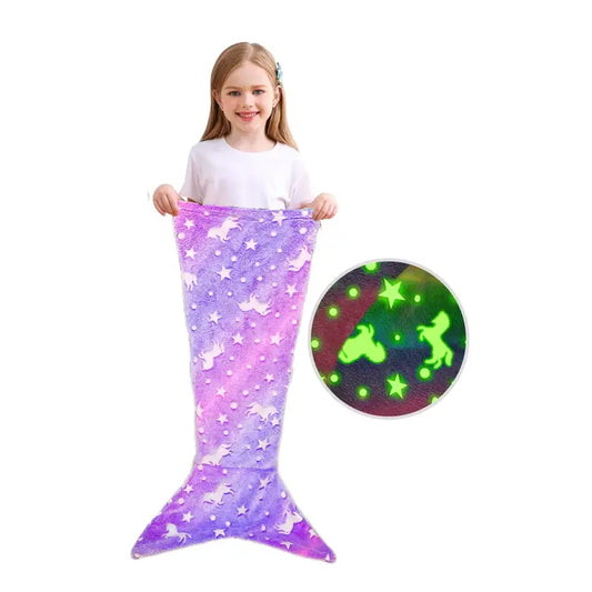 Glow In The Dark Cartoon Rainbow Unicorn Mermaid Tail Blanket