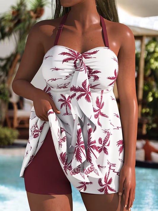 2pcs Plus Size Women's Backless Off-shoulder Adjustable Strap Coconut Tree Print Tankini Swimsuit