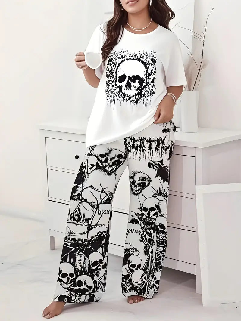 Comfortable Plus Size Gothic Skull Print Pajama Set