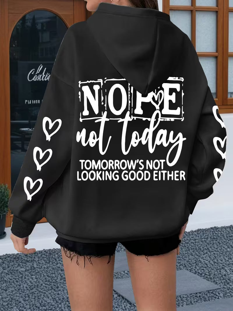 Women's Plus Size Oversized Hoodie with Bold "NOPE Not Today" Letter Print & Heart Design