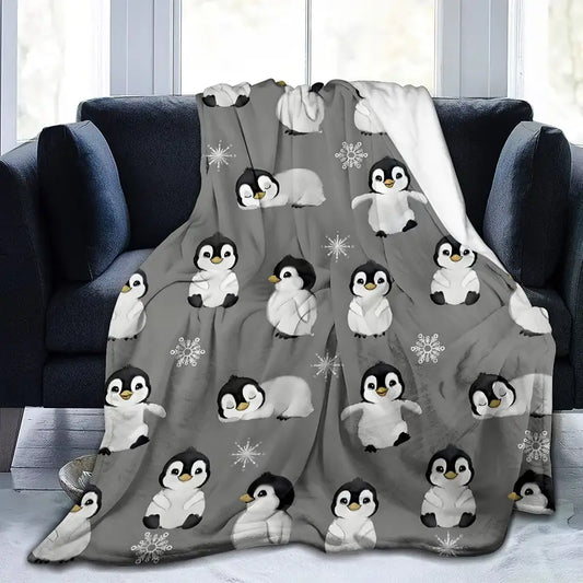 Vintage Penguin Print Grey Flannel Throw Blanket