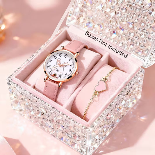 2pcs Cute Rabbit Round Quartz Watch and Bracelet Set