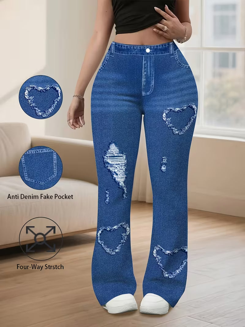 Imitation Denim High-Waisted Wash Distressed All-Over Print Flared Wide-Leg Pants