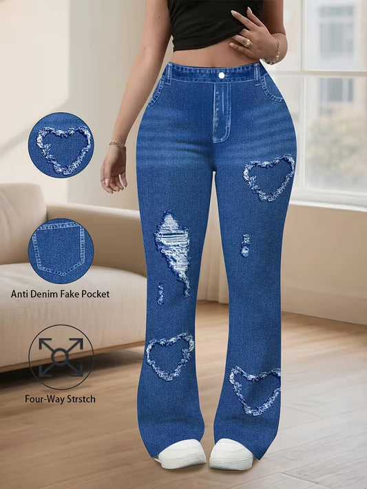 Imitation Denim High-Waisted Wash Distressed All-Over Print Flared Wide-Leg Pants