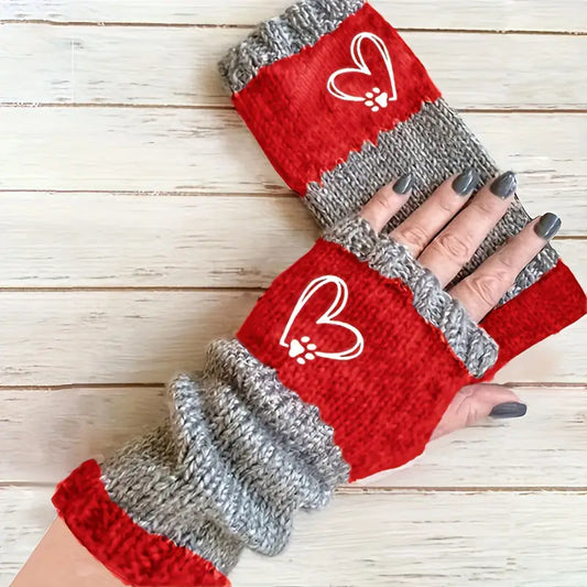 Women's Fingerless Gloves with Heart & Paw Print Design