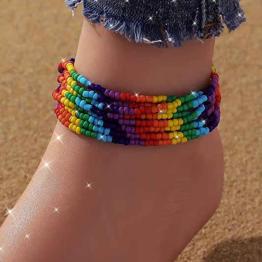Bohemian Multilayer Rainbow Color Rice Beads Anklet
