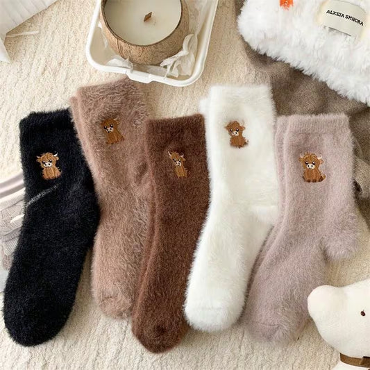 5 Pairs of Women'S Calf Embroidered Plush Socks