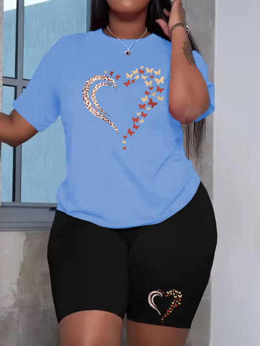 Plus Size ladies summer butterfly fragments love print T-shirt two-piece set