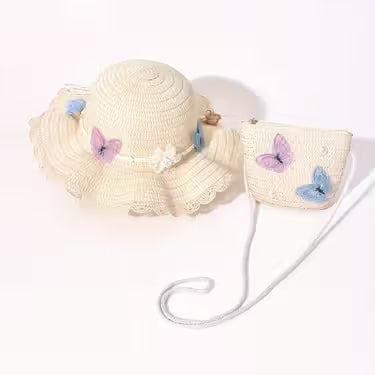 Girls' Butterfly And Floral Straw Hat And Bag