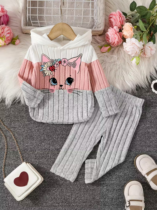 2pcs Girls' Winter Warm Hooded Sweater & Pants Set